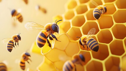Cute swarm of bees working at bee honeycomb background