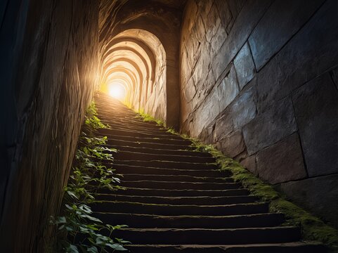 A mysterious, moss-covered stone staircase in an ancient tunnel leading towards a bright light, evoking exploration, history, and the allure of hidden places.