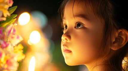 Fototapeta premium Wonderstruck Child Watching Krathong Float Away - Capturing the Magic of Loy Krathong Festival