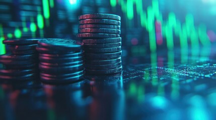 Stacks of coins with a blurry background of a stock market chart.