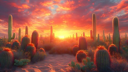 A vibrant desert sunset with towering cacti silhouettes against a fiery sky.