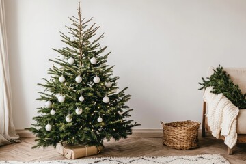 Fototapeta premium Nordic minimalist living room decorated for Christmas, featuring a simple tree with white ornaments and natural elements, minimal background with copy space