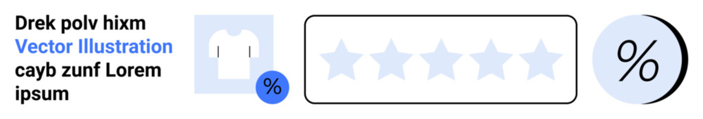 Star rating system with five empty stars, percentage symbol in a blue circle, a shirt icon, and a large percentage icon. Ideal for e-commerce, feedback forms, product reviews, customer satisfaction