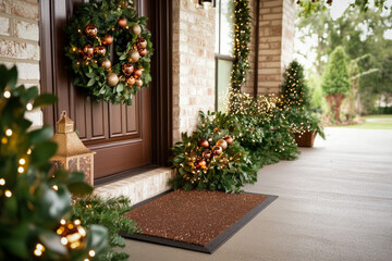 Front Door Surrounded By Festive Greenery, With A Vibrant Wreath Made Of Eucalyptus And Shiny Ornaments, Accented By A Welcome Mat And Twinkling Lights
