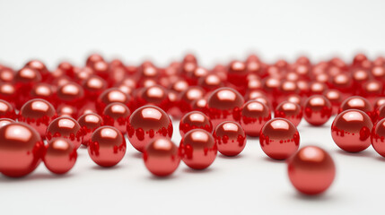 A 3D-rendered image showcasing a stunning collection of red pearls of varying sizes scattered across a white background.  Generative AI