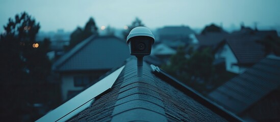Closed circuit camera mounted on a residential rooftop enhancing home security and safety technology