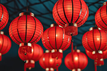 Obraz premium Red lanterns hanging in festive display, symbolizing celebration and joy. These traditional decorations are often seen during cultural festivals, creating vibrant atmosphere