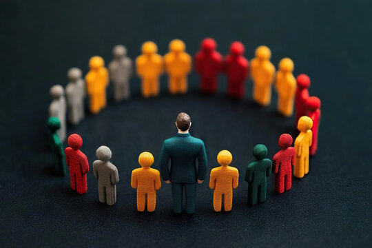 Inclusion and teamwork are symbolized by diverse figures in circle, representing unity and collaboration. central figure stands out, emphasizing leadership and guidance