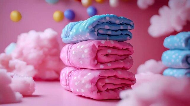 A stack of folded, eco-friendly cloth diapers in soft pastel colors, on a pink background