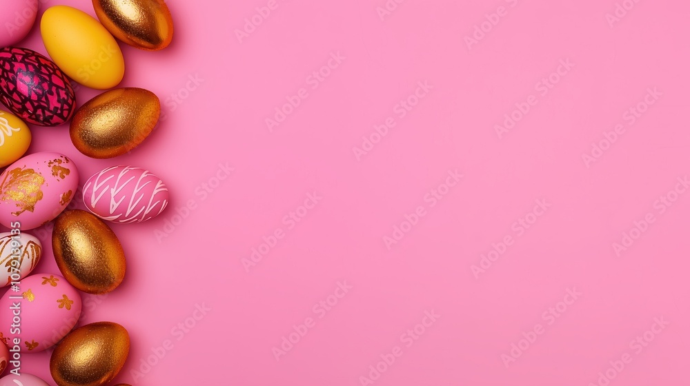 Wall mural Pink background with gold and pink eggs on it. The eggs are arranged in a row and are of different sizes