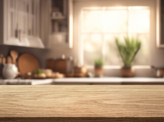 Beautiful natural wooden table with cozy kitchen background. The table has a natural wood finish with visible grain patterns. The ambiance is warm and inviting.