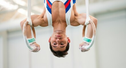 Focused gymnast performing on rings during a routine in a gym