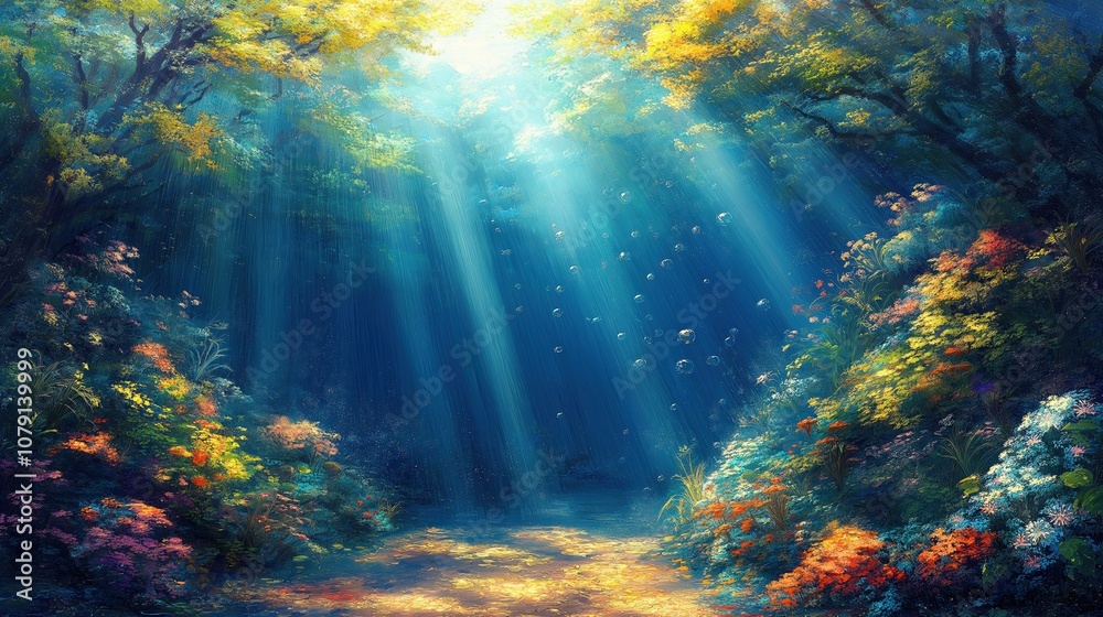 Wall mural painting of a forest with a path leading through it. the path is surrounded by trees and flowers, an