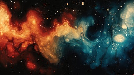 Painting of a galaxy with a red and blue swirl. The colors are vibrant and the brushstrokes are...