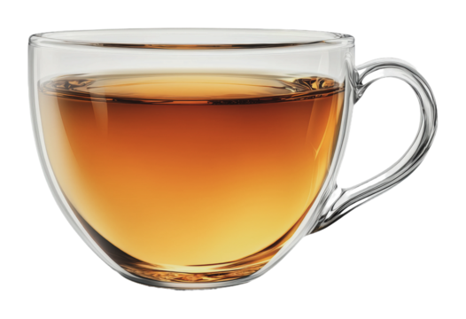PNG Warm cup of tea in a clear glass mug on a table
