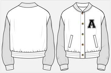 Adobe Illustrator ArtworkVARSITY BOMBER JACKET WITH WELT POCKET AND VARSITY TYPO  DETAIL DESIGNED FOR WOMEN AND TEEN GIRLS IN VECTOR ILLUSTRATION FILE