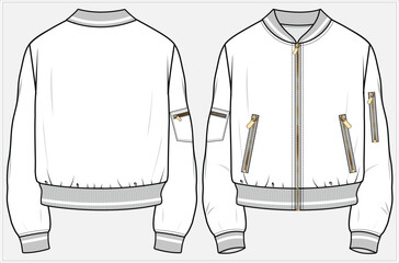 Adobe Illustrator ArtBOMBER JACKET WITH CENTER FRONT ZIPPER DATAIL AND ZIPPER ON SLEEVES DETAIL DESIGNED FOR WOMEN AND TEEN GIRLS IN  VECTOR ILLUSTRATION FILEwork