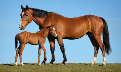Obraz premium A brown mare and her foal stand together on a grassy hill against a blue sky