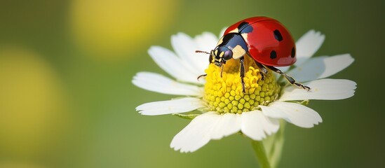 Fototapeta premium Red ladybug on a chamomile flower, springtime setting