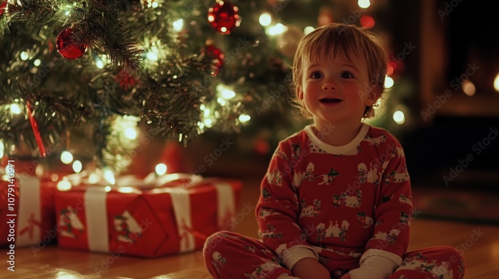 Poster a young boy sits cross-legged on the floor in front of a decorated christmas tree, looking up with a