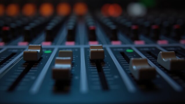A detailed look at an audio mixing console, showcasing various faders in different positions. The setting highlights a professional sound environment