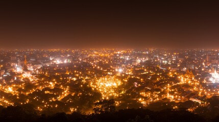 Naklejka premium Enchanting Loy Krathong Celebration with Lanterns Illuminating Night Sky Over Ancient Temples - Ultra-Detailed Panoramic View