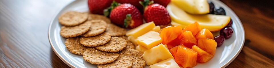 Assorted fruit and cheese platter with crackers on wooden backdr