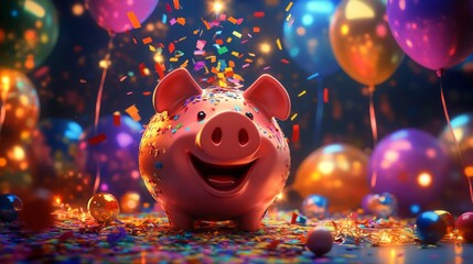 A pink piggy bank with a happy expression is surrounded by colorful balloons and confetti. The scene is festive and celebratory, with the piggy bank seemingly enjoying the party atmosphere.