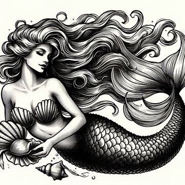 sirena, con cabello suelto y top de concha, exudando encanto de fantas&iacute;a retro cl&aacute;sico grabado en boceto personaje ficticio 