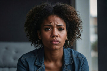Fototapeta premium Portrait of thoughtful and sad Afro woman with curly hair is sitting on a couch and looking at camera, financial and family problems