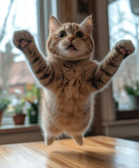 Clumsy Cats and Their Mischief. A playful cat leaps joyfully in a bright indoor setting, showcasing its energetic spirit and curiosity.