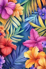 Exotic Tropical Bouquet. Watercolor Illustration of Colorful Leaves and Flowers for Wedding Invitation and Card Decoration.