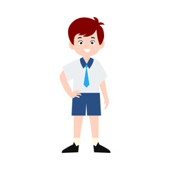 boy different pose activity school isolated on white background, uniform school white blue