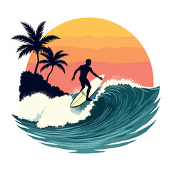 sunset surfing retro t-shirt design