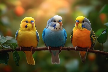 Three budgies, one yellow, one blue, and one orange, perch on a branch. They are all facing the camera, looking a bit curious.