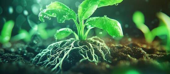 Close up of a green plant transplant showcasing soil and roots ideal for home gardening and floral concepts