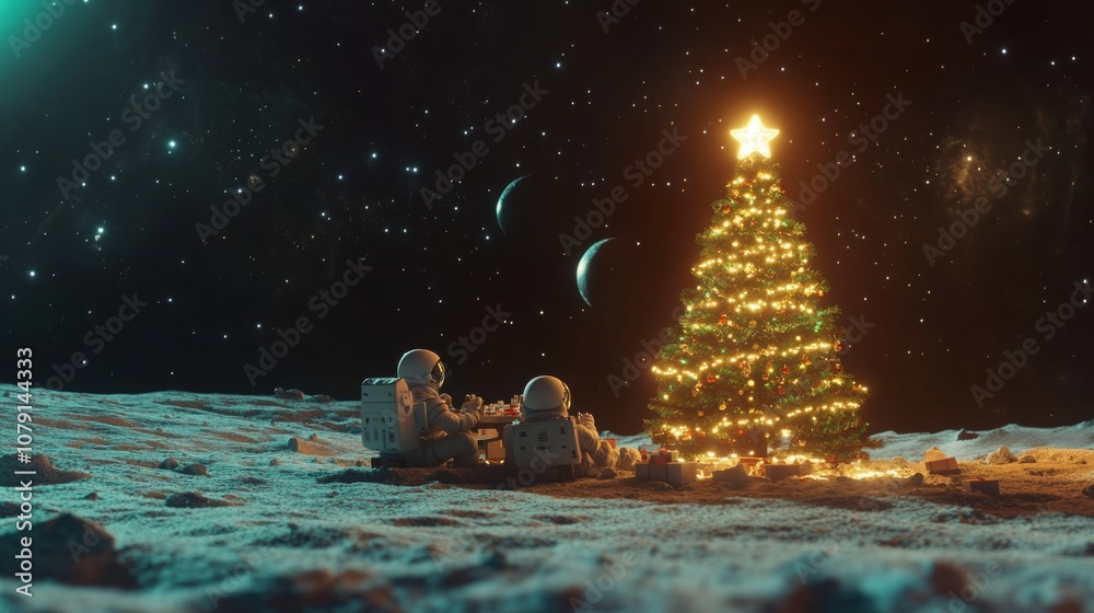 Poster Two astronauts, dressed in white spacesuits, sit at a table under a lit Christmas tree on the moon. The moon's surface is visible in the foreground, with stars and planets visible in the night sky.