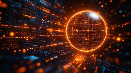 Glowing orange sphere is surrounded by a blue background. The sphere is surrounded by a series of glowing lines, creating a sense of movement and energy. The image conveys a futuristic