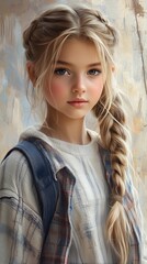 Obraz premium Girl with long blonde hair and blue jeans is wearing a white shirt and a blue vest. She has a smile on her face and is looking at the camera