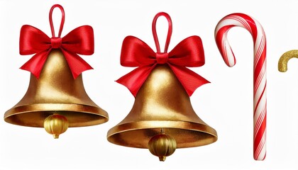 3d Christmas clip art. Set of design elements, isolated on white background. Golden bell, paper bow, red ribbon, candy cane, glass ball ornament.