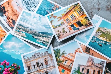 Assorted travel photos spread out, showcasing exotic locations