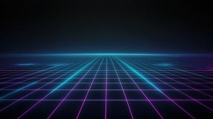 Dark background with a blue and purple grid. The grid is made up of neon lights. The image has a futuristic feel to it