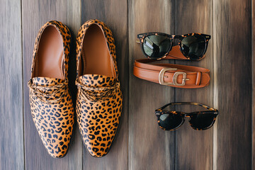 Flat lay of accessories featuring cheetah print shoes, a matching belt, and sunglasses on a wooden surface, boho-chic vibe.