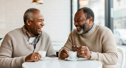 Joyful senior friends enjoying coffee and laughter at a cafe