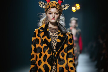 Fototapeta premium Runway model in a bold giraffe print coat with matching accessories, walking confidently at a high fashion event.