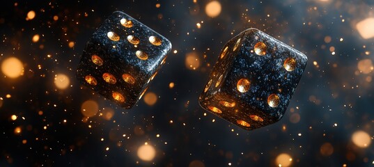 Obraz premium Two black dice with golden dots float against a dark background with warm bokeh lights.