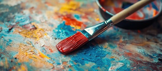 Obraz premium Close up of a red paintbrush resting beside an open paint can showcasing artistry and creativity