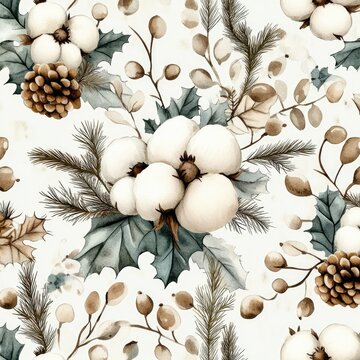 Winter Floral Watercolor Pattern: Festive Nature Inspired Design with Cotton Flower, Pine Cone and Holly for Merry Christmas Card and Festive Holiday Celebration