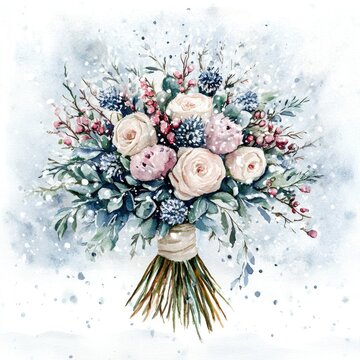 Winter Wedding Bouquet. Watercolor Flower Arrangement with Snowy Pine and Cotton Decor on White Background