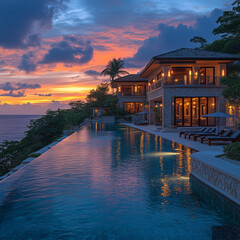  swimming pool in a hotel on the ocean shore, around the hotel there is an ocean and rocks